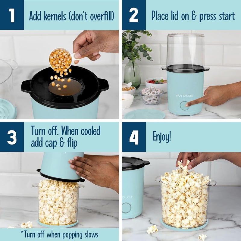 Nostalgia 8-Cup Hot Air Popcorn Maker & Bowl - 2-In-1 Bowl & Lid, 2 oz Measuring Cup - Oil-Free Pop Corn for Movie Night, Snacks, Birthday Parties, and More - Aqua - Image 5
